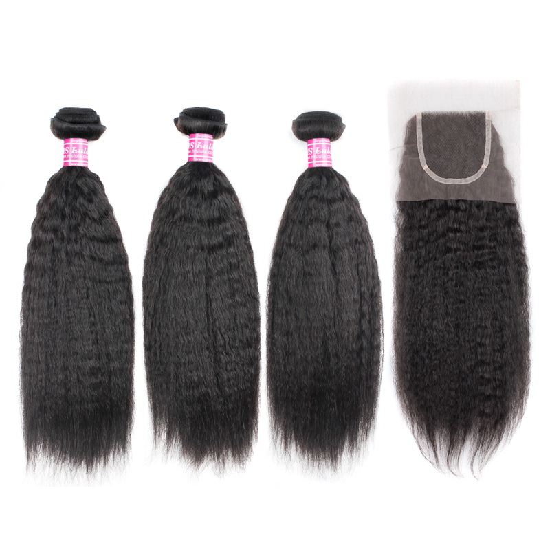 Virgin Hair Kinky Straight Weave Bundles With 1 Lace Closure